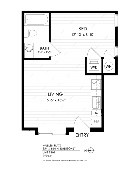Floor plan for studio, 1 bath, 390 sqft